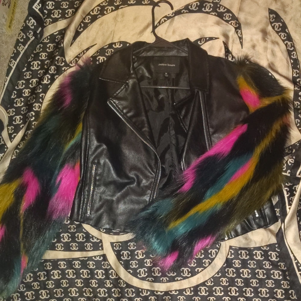 Jealous Tomato Black Leather Jacket with Colorful Fur Sleeves